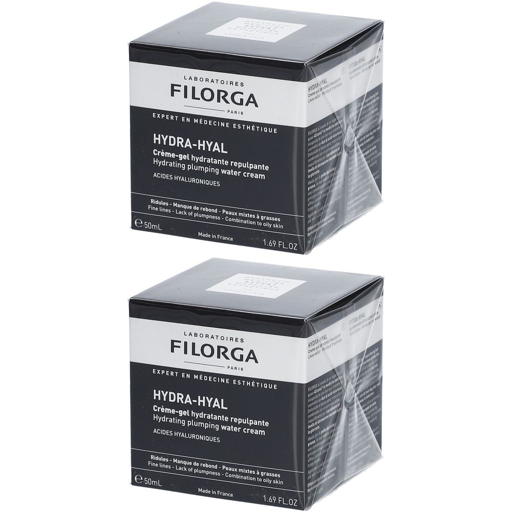 Deux boîtes carrées. Inscription: FILORGA, HYDRA-HYAL Crème-gel hydratante repulpante. Emballage noir et blanc.