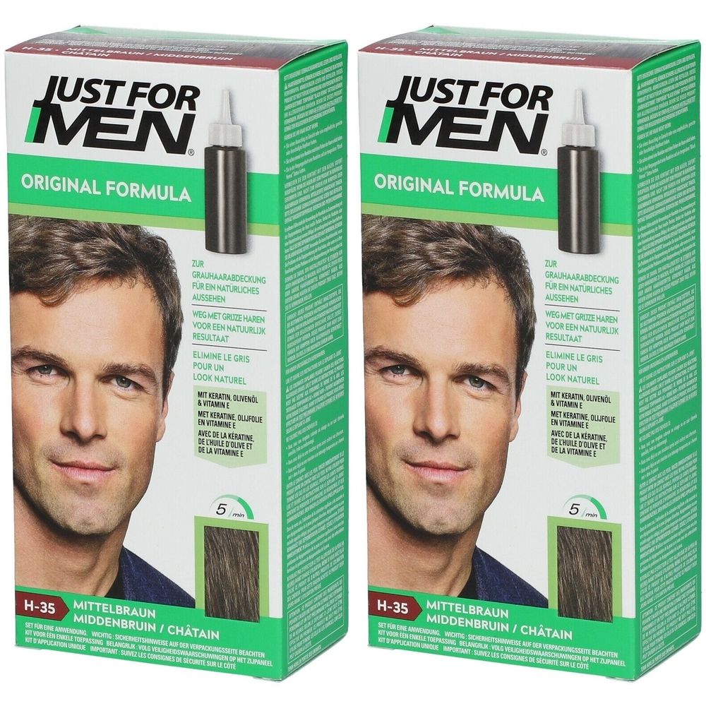 Deux boîtes de coloration capillaire. Inscription: JUST FOR MEN, Original Formula. Image d'un homme. Teinte: Brun moyen H-35. Avec kératine, vitamine E.