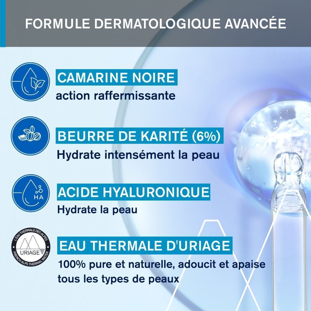 Produit avec texte: Camarine noire, Beurre de karité, Acide hyaluronique, Eau thermale d'Uriage. Formule dermatologique.