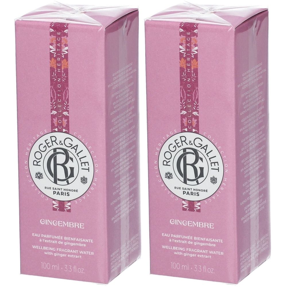 Deux boîtes roses Roger & Gallet. Inscription Gingembre, Eau Parfumée Bienfaisante. 100 ml.