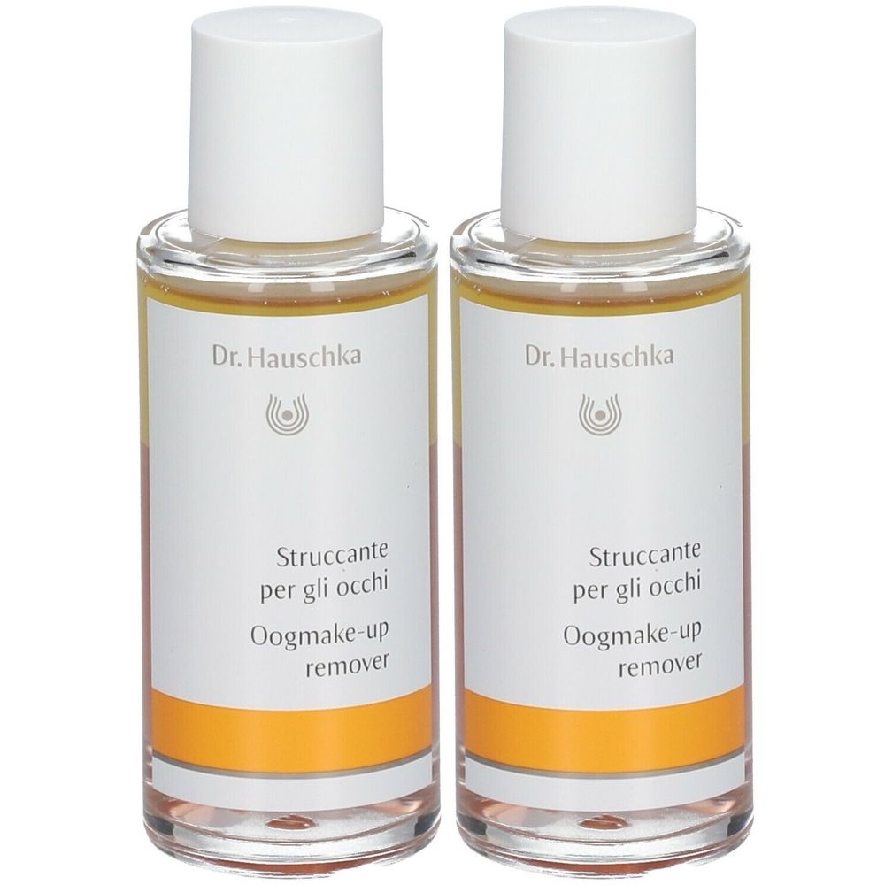 Deux flacons de démaquillant pour les yeux. Inscription : Dr. Hauschka, Struccante per gli occhi, Oogmake-up remover.