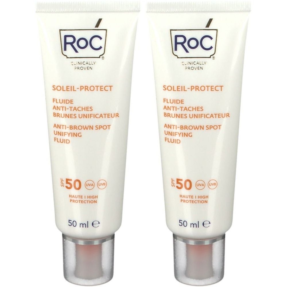 Deux tubes de crème solaire RoC Soleil-Protect. Inscription: Anti-Taches Brunes Unificateur, SPF50, 50 ml. Tubes blancs.