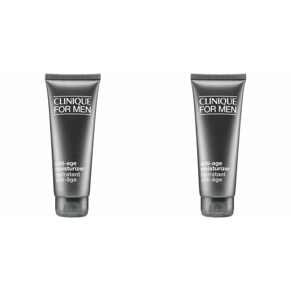 Deux tubes de crème hydratante anti-âge CLINIQUE FOR MEN. Tubes gris avec texte noir. Nom du produit et désignation.