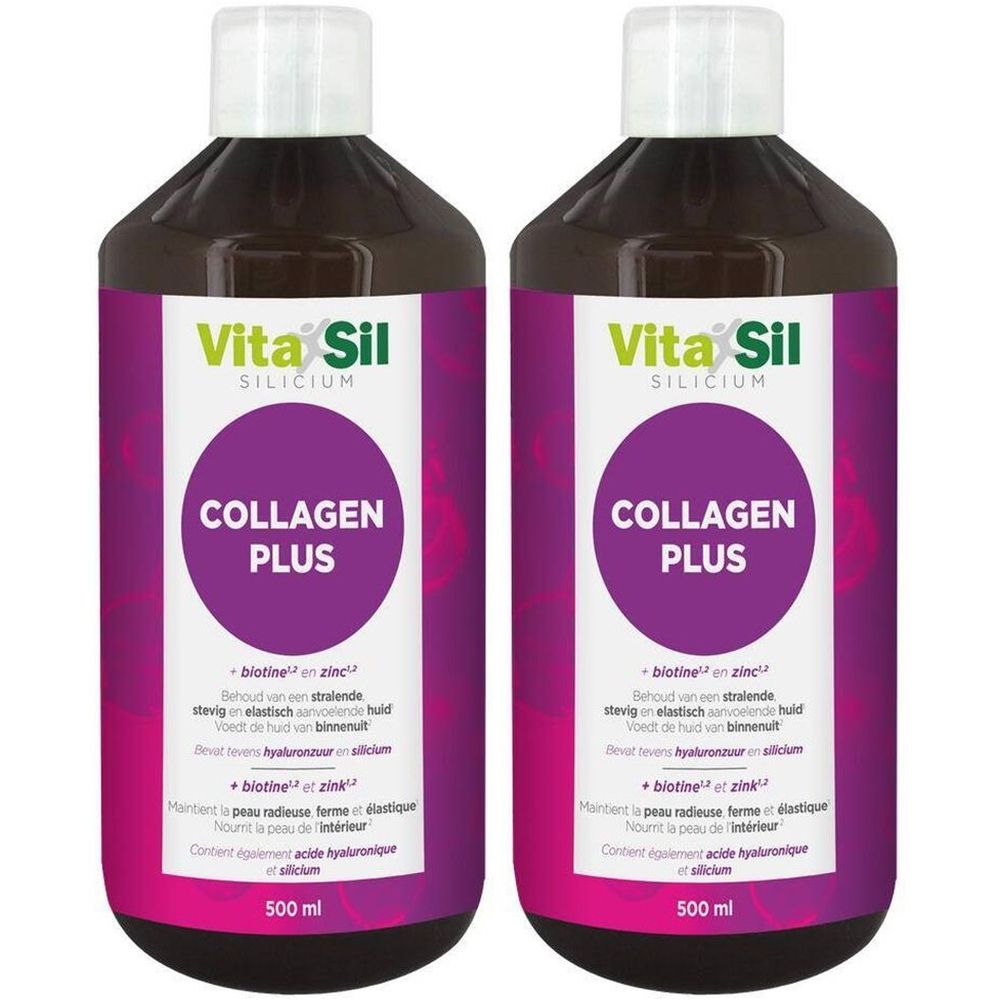 Deux flacons de Vita Sil Silicium Collagen Plus. Étiquette violette avec nom et informations. Flacons contenant un liquide brun.