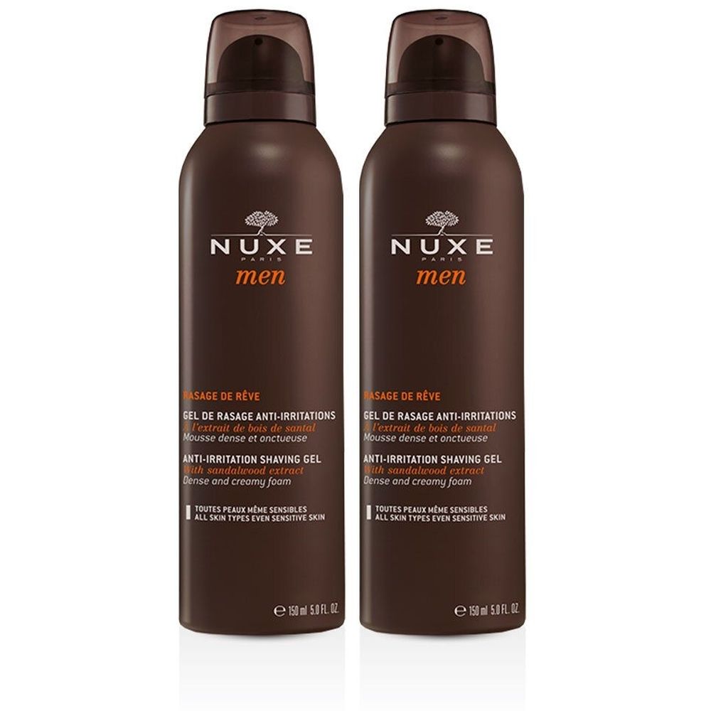 Deux flacons bruns de Nuxe Men. Inscription: Rasage de rêve, Gel de rasage anti-irritations. Pour peaux sensibles.