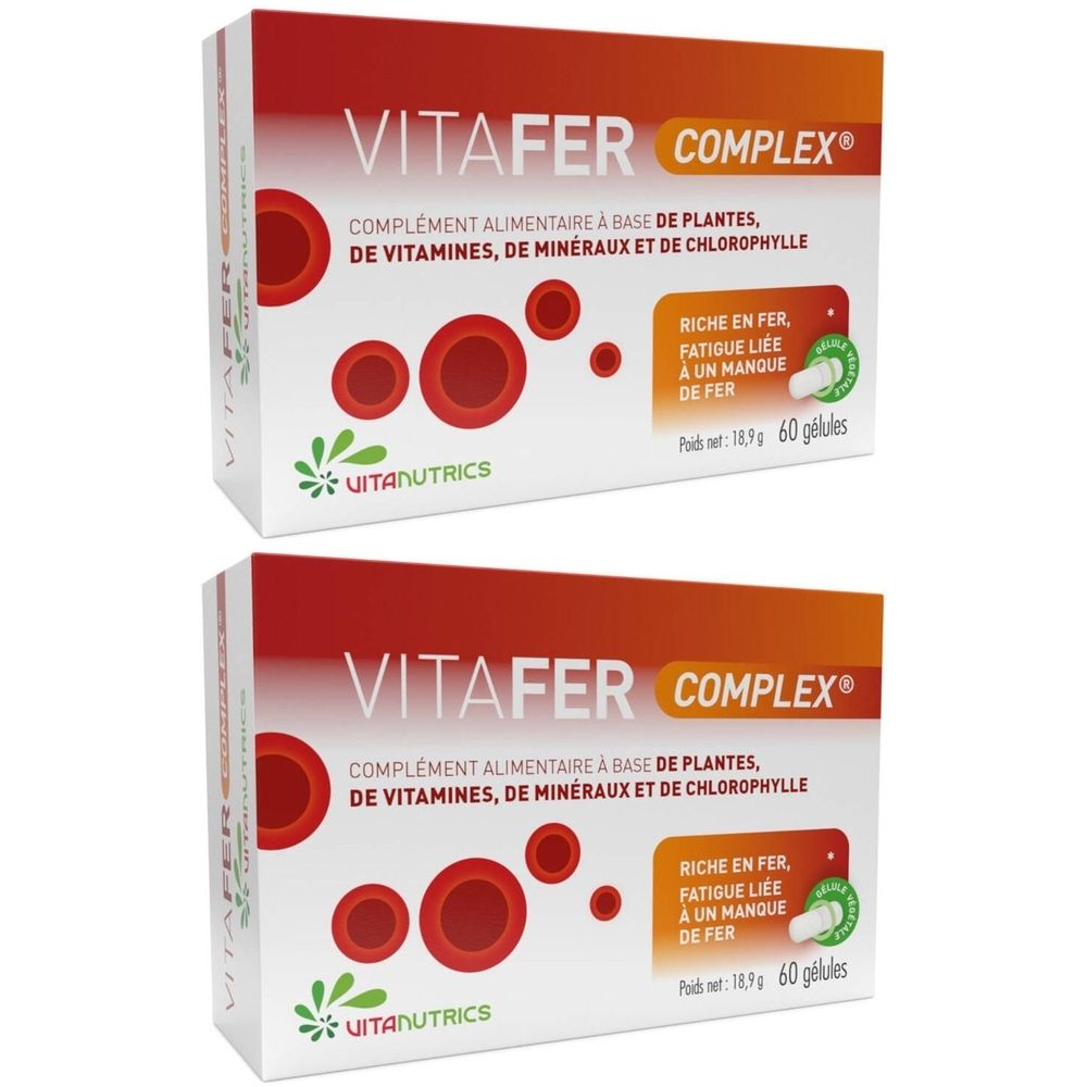 Deux boîtes de Vitafer Complex. Inscription : Complément alimentaire, riche en fer, fatigue liée à une carence en fer. Marque : Vitanutrics.