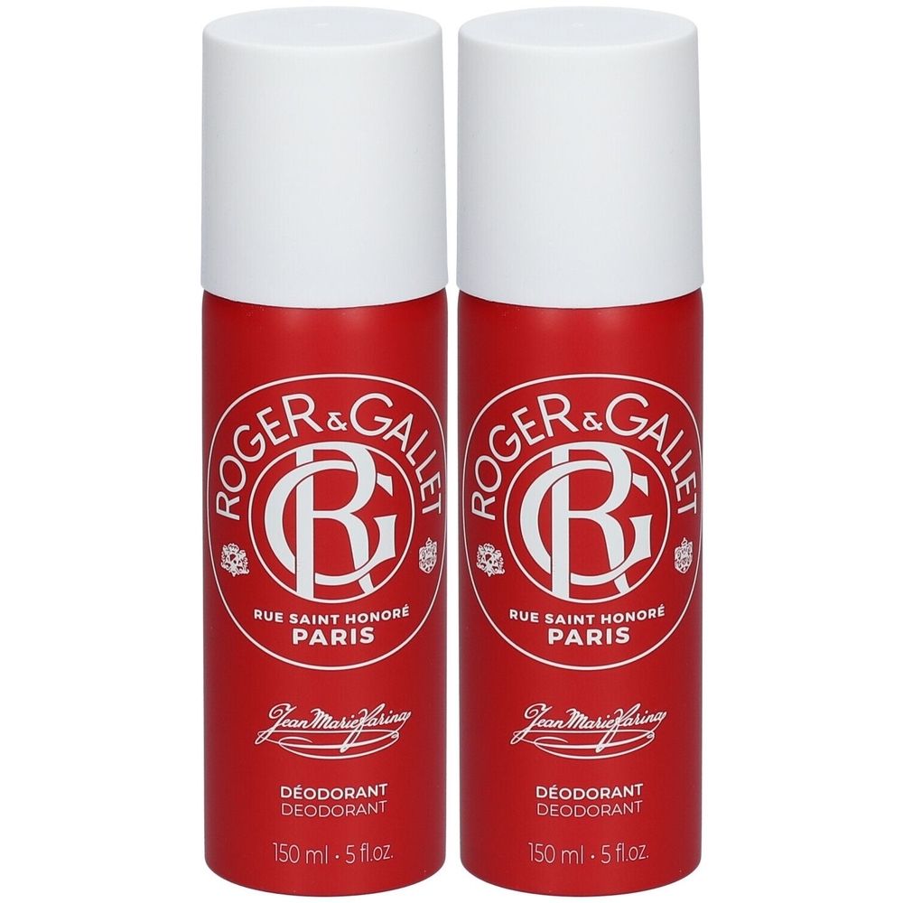 Deux sprays déodorants rouges avec bouchons blancs. Inscription: Roger & Gallet, Jean Marie Farina, Déodorant.