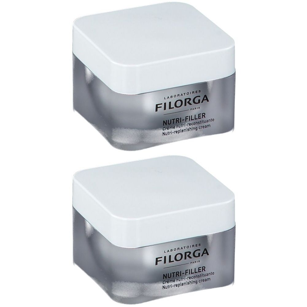 Deux pots de crème FILORGA NUTRI-FILLER avec couvercle blanc. Inscription : NUTRI-FILLER, Crème nutri-reconstituante.