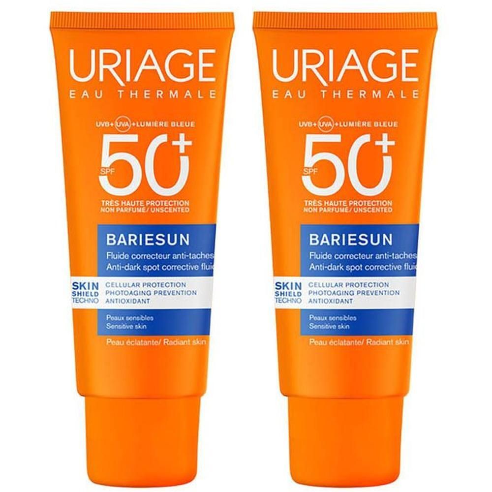Deux tubes orange Uriage Bariésun Fluide Anti-Taches SPF50+. Texte et logo sur le devant. Bouchon orange.