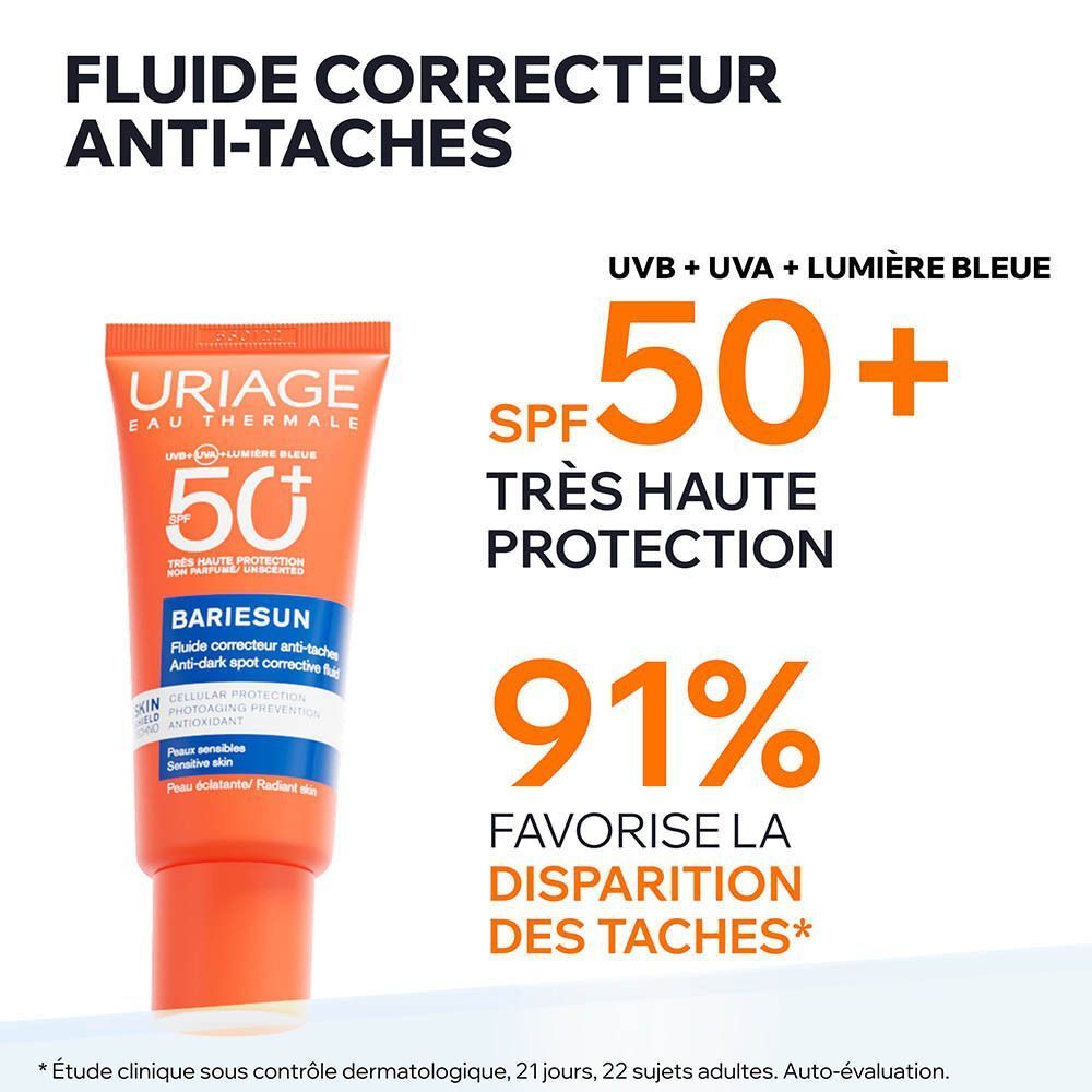 Un tube Uriage Bariésun Fluide Anti-Taches SPF50+ avec texte et logo. Texte: SPF 50+ Très Haute Protection.