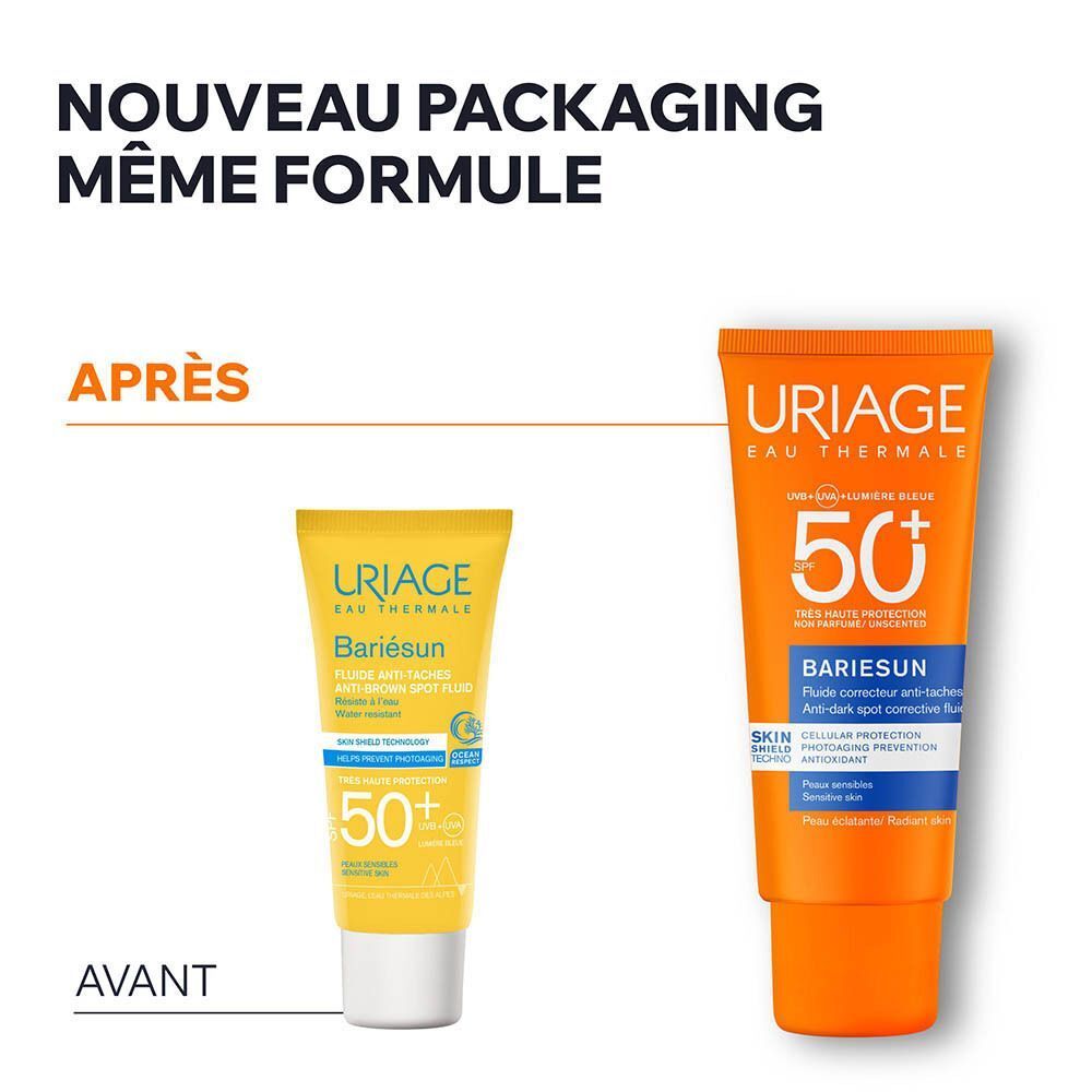 Comparaison avant-après. Gauche: Tube jaune. Droite: Tube orange Uriage Bariésun Fluide Anti-Taches SPF50+.