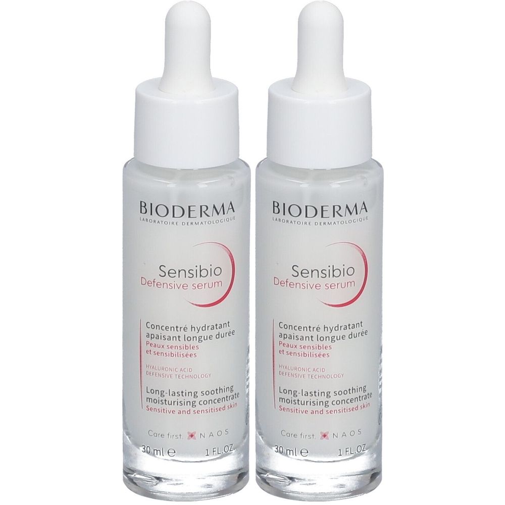 Deux flacons de sérum Bioderma Sensibio Defensive. Flacons blancs avec pipette. Inscription Sensibio Defensive Serum, 30 ml.