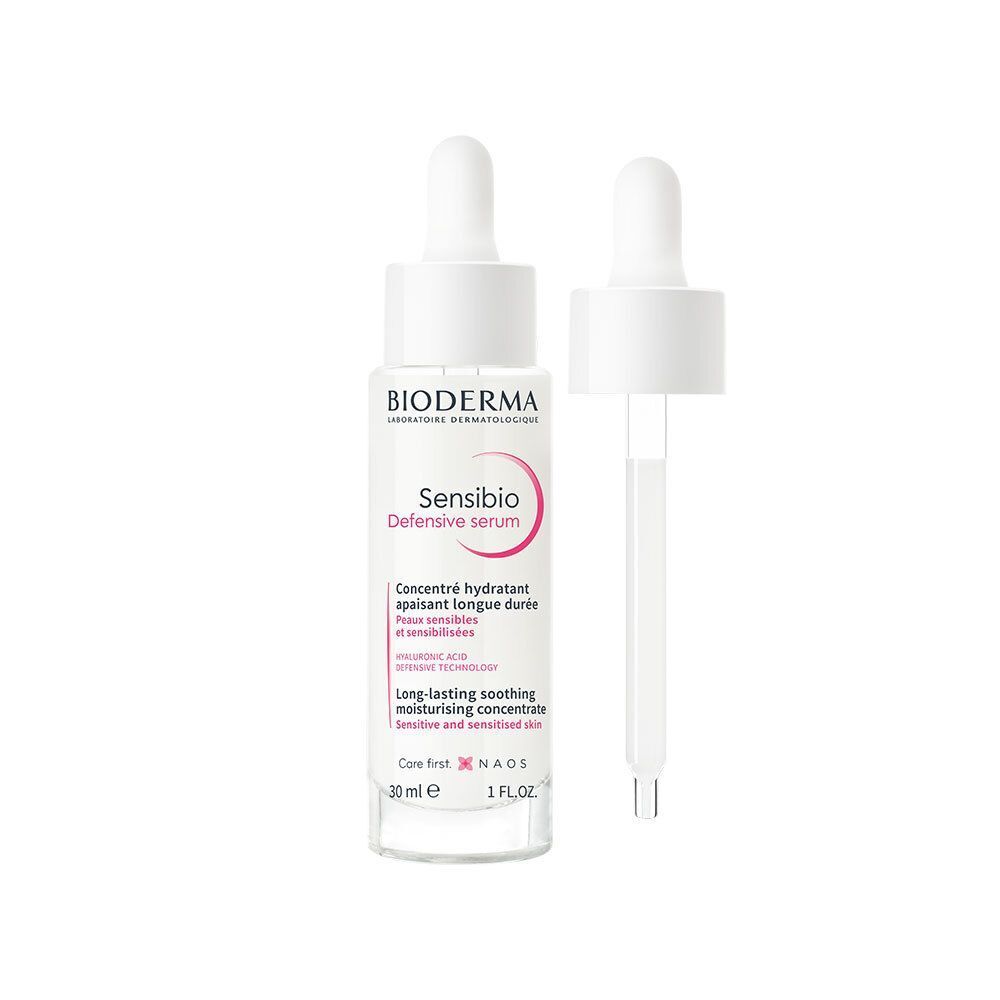 Sérum Bioderma Sensibio Defensive. Flacon blanc avec pipette. Nom et détails du produit. Pipette ouverte.