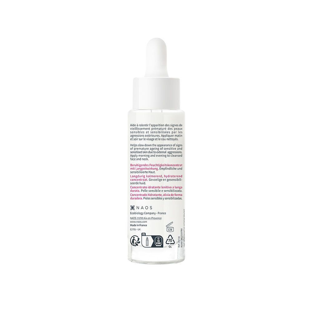 Dos du flacon de sérum Bioderma Sensibio Defensive. Texte en plusieurs langues. Logos et symboles.
