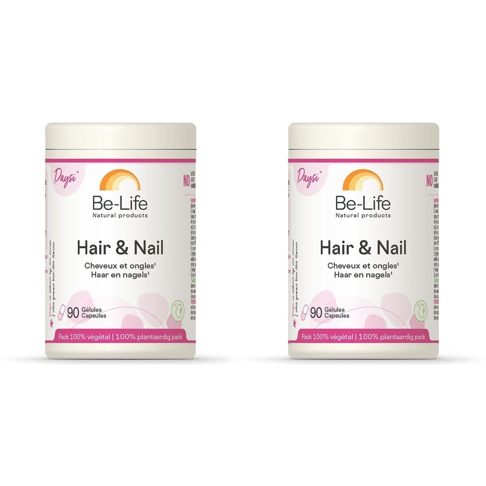 Deux flacons blancs "Be-Life Hair & Nail". Inscriptions en français, néerlandais et allemand. Contient 90 gélules.