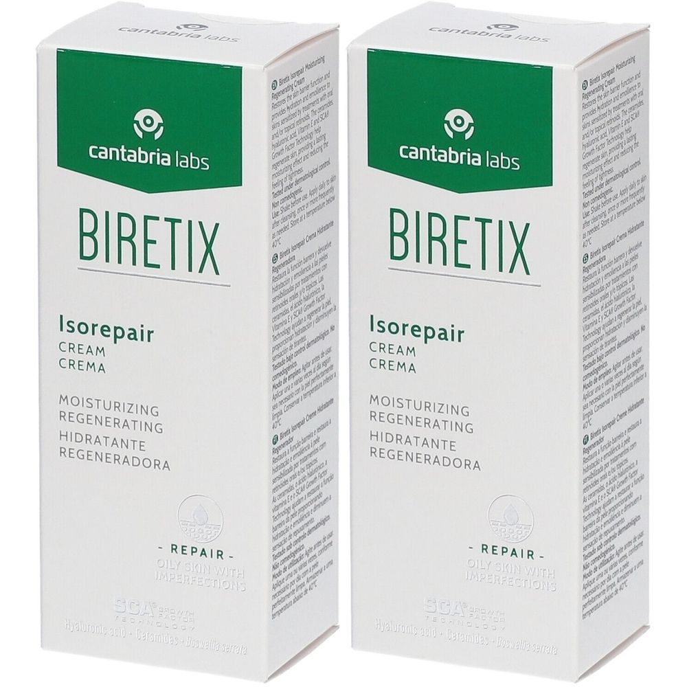 Deux boîtes blanches avec des accents verts. Inscription BIRETIX Isorepair, crème. Fabricant : cantabria labs.