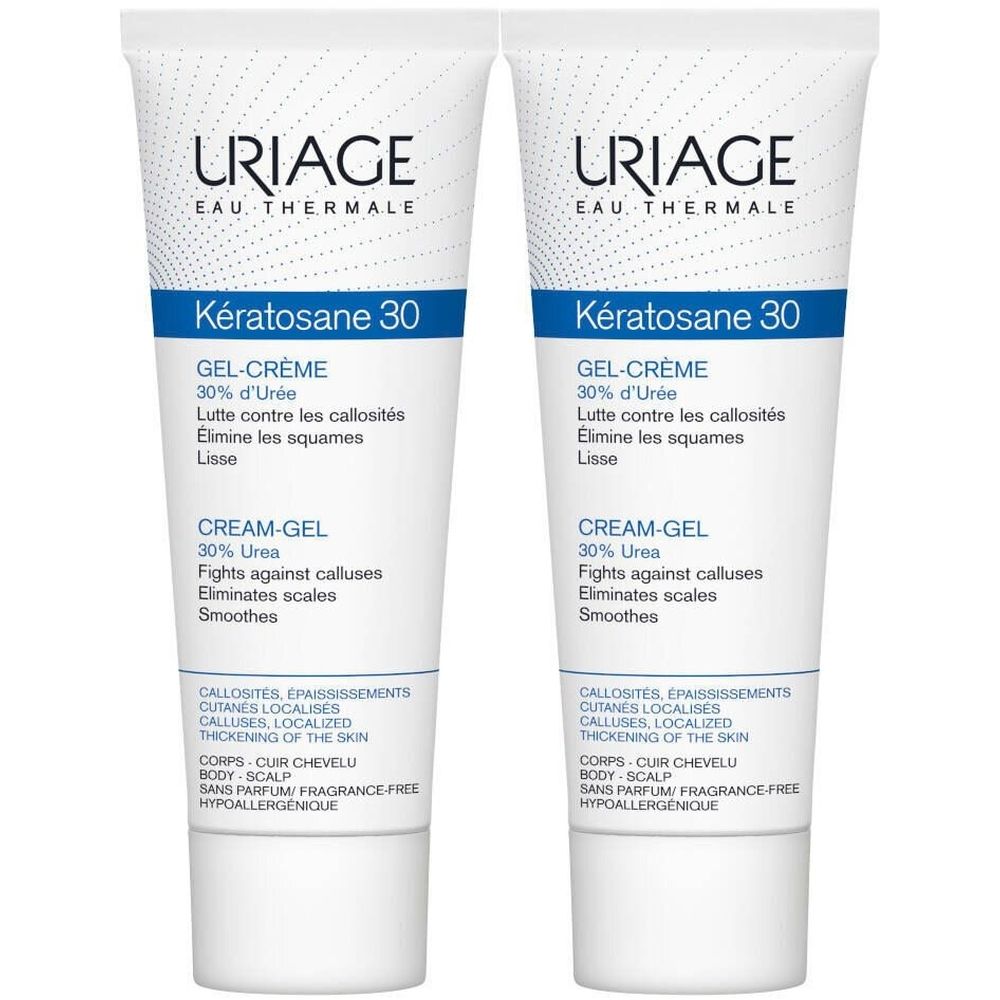 Deux tubes de URIAGE Kératosane 30 Gel-Crème. Tubes blancs avec texte bleu. Nom du produit et ingrédients visibles.