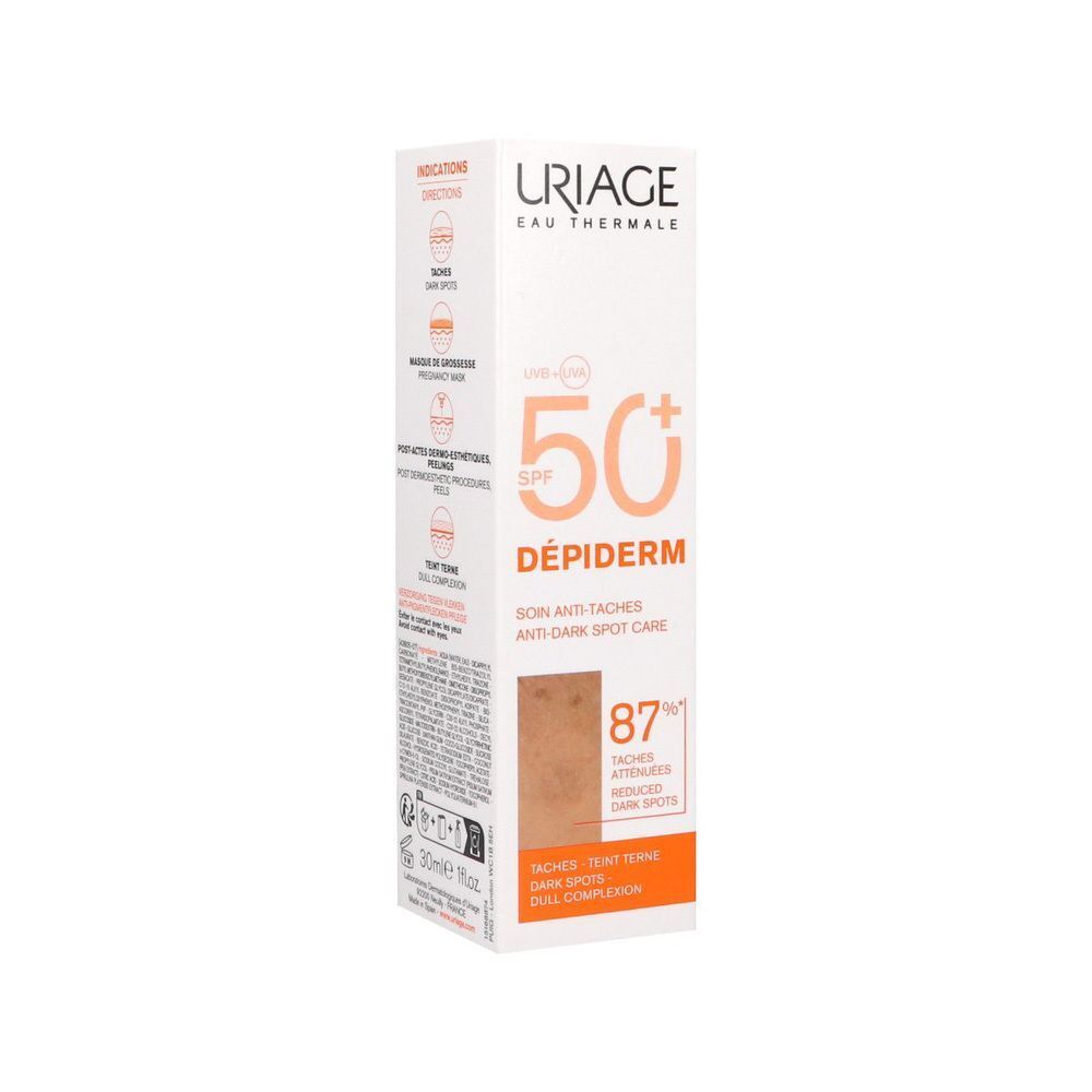Emballage blanc Uriage Dépiderm SPF50+. Texte: Anti-taches, Anti-taches sombres, SPF50+.