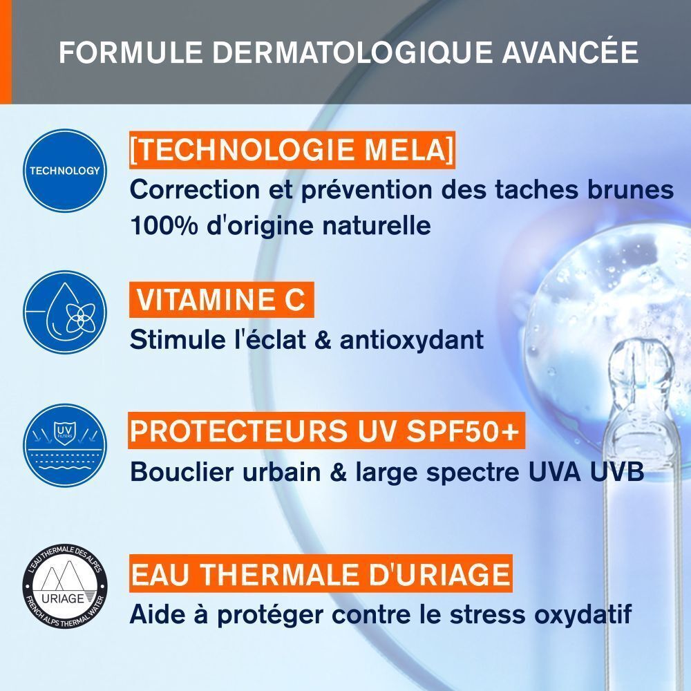 Graphique avec texte: Technologie Mela, Vitamine C, Protecteurs UV SPF50+, Eau Thermale d'Uriage.