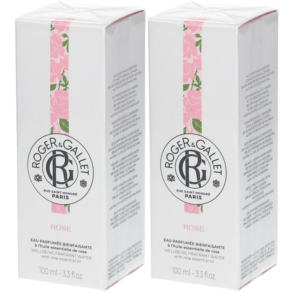 Deux boîtes blanches avec motif de roses roses. Inscription : Roger & Gallet, Rose Eau Parfumée Bienfaisante.