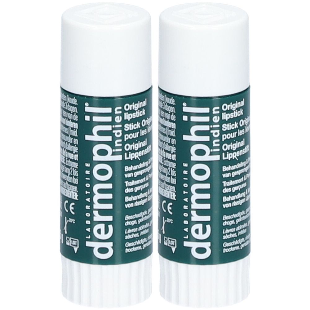 Deux sticks à lèvres avec bouchon blanc et étui vert. Inscription : dermophil indien, Original Lipstick.