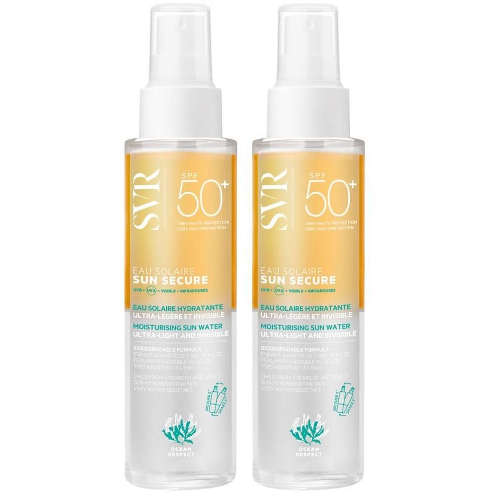 Deux flacons de SVR Sun Secure Eau Solaire SPF50+. Flacons avec liquide jaune, vaporisateur blanc. Texte: SPF50+, Eau Solaire Hydratante.