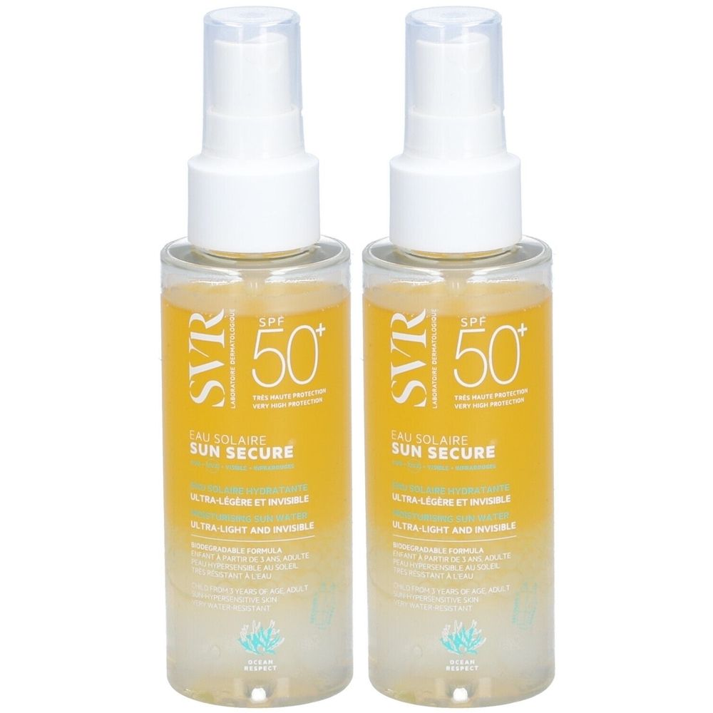 Deux flacons transparents avec liquide jaune. Inscription: SVR Sun Secure Eau Solaire SPF50+. Têtes de pulvérisation blanches.
