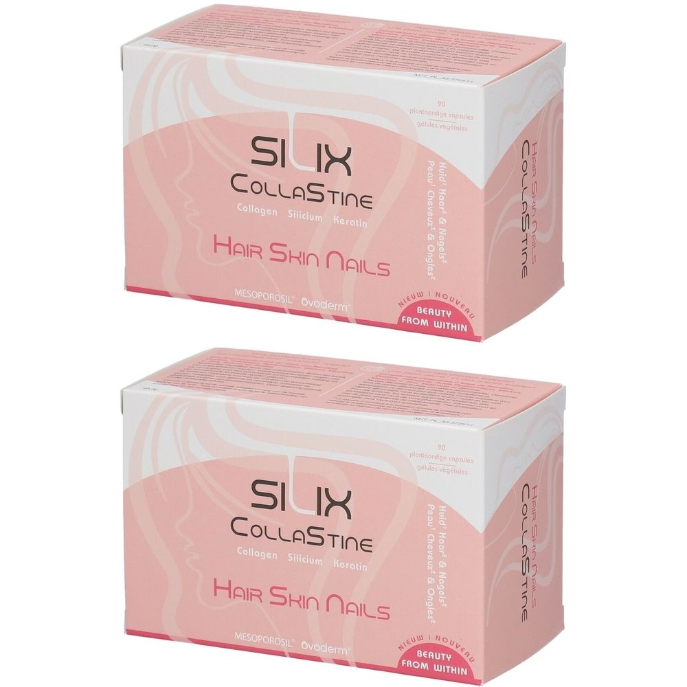 Deux boîtes rose et blanche avec "Silix Collastine Hair Skin Nails". Inscription : "Beauty from within".