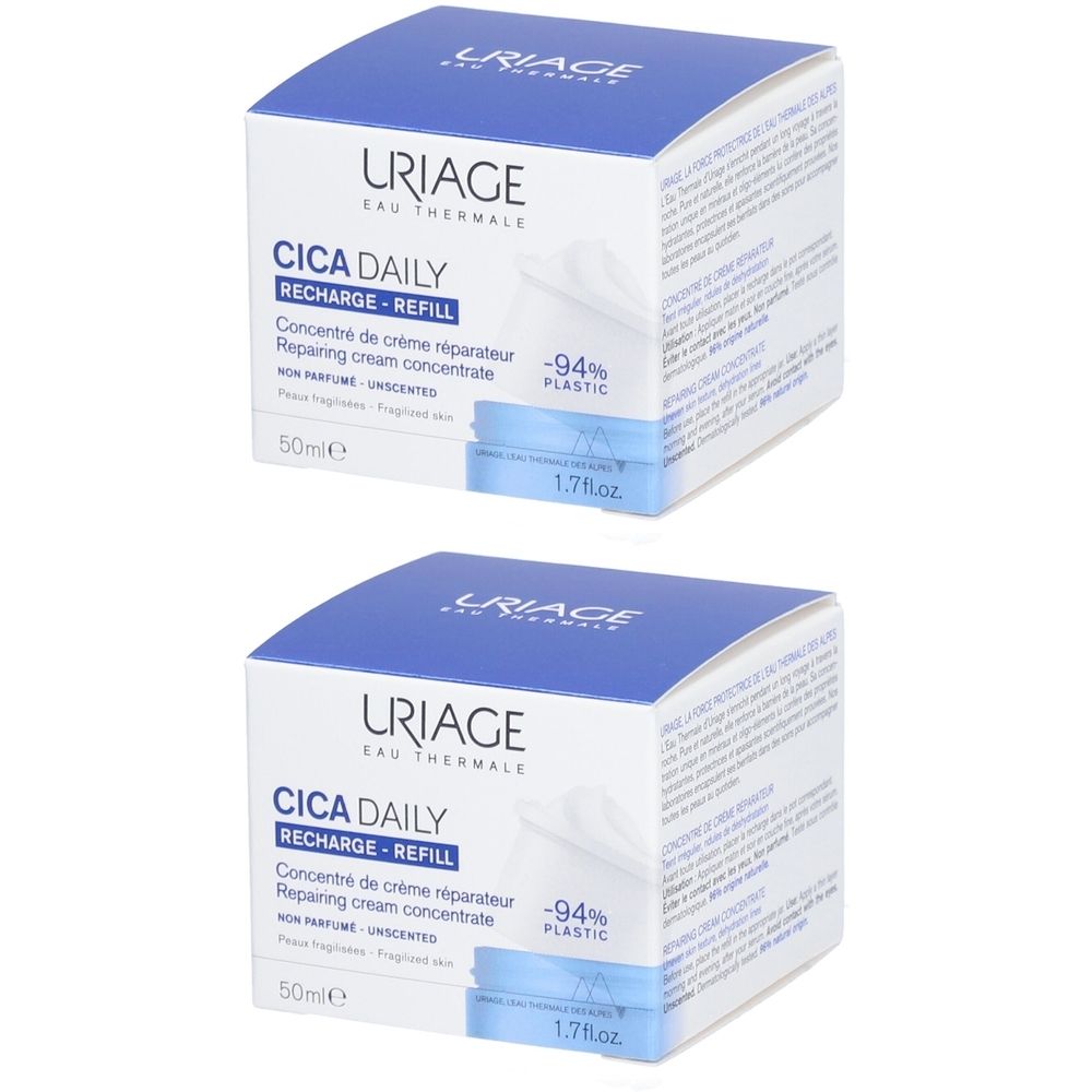 Deux boîtes carrées. Inscription: URIAGE, CICA DAILY RECHARGE-REFILL, Concentré de crème, -94% PLASTIC, 50ml, 1.7 fl.oz.