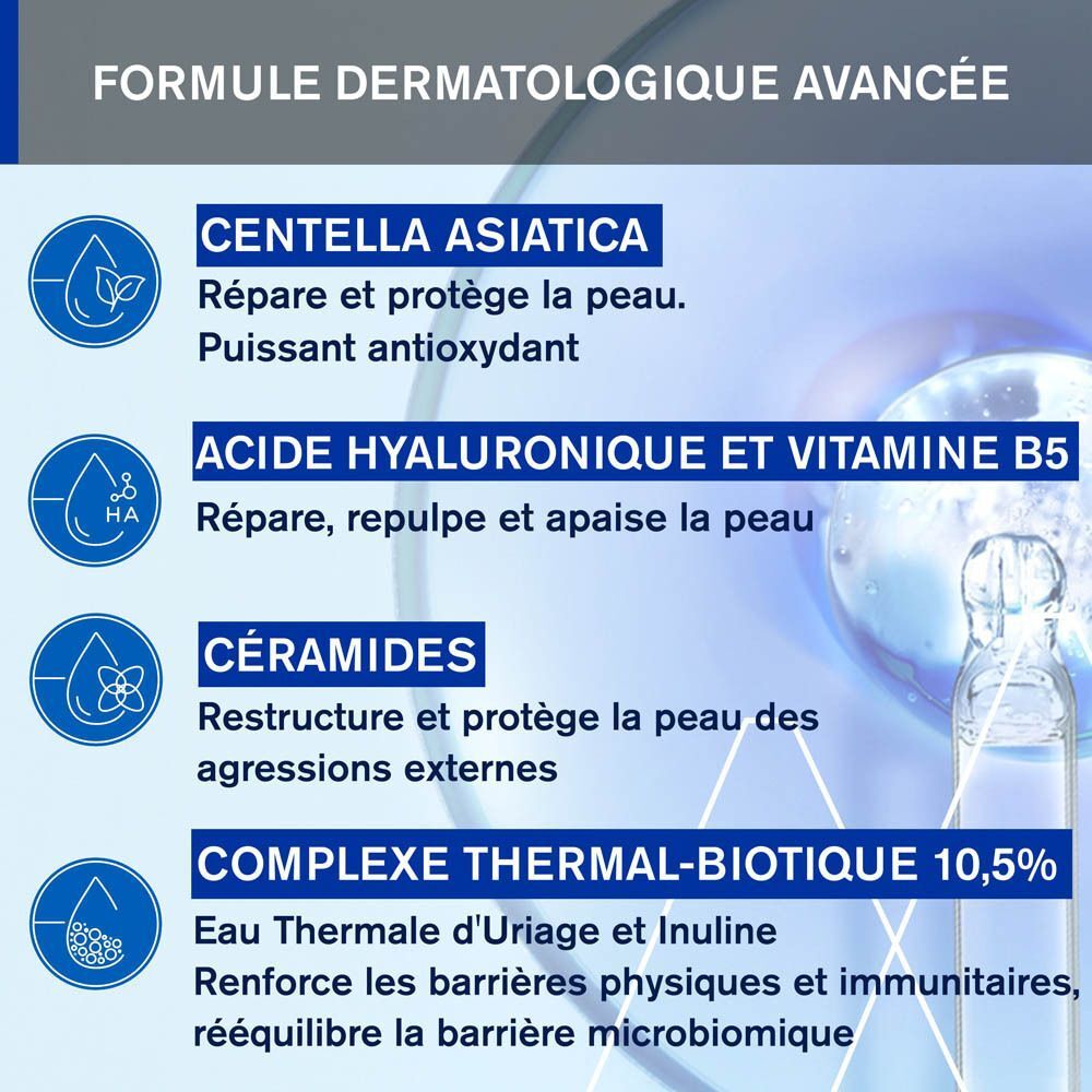 Texte avec ingrédients: Centella Asiatica, Acide hyaluronique, Vitamine B5, Céramides, Complexe thermal-biotique. Texte en français.