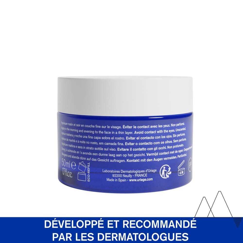 Dos d'un pot bleu avec couvercle blanc. Texte: Uriage, 50ml, Eco-Refill. Texte en plusieurs langues.