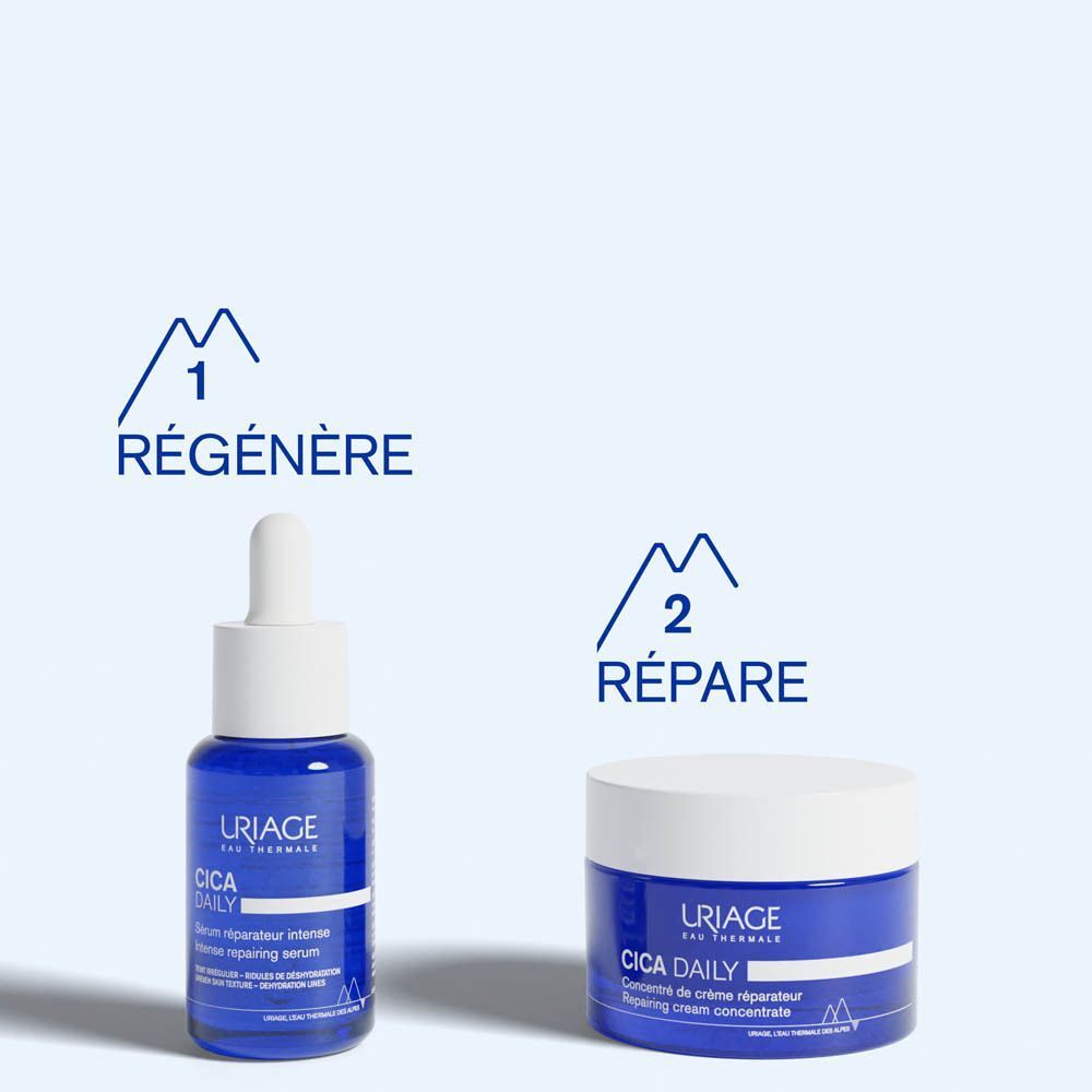 Deux produits: Uriage CICA Daily sérum et crème. Flacon et pot bleus. Texte: CICA Daily.