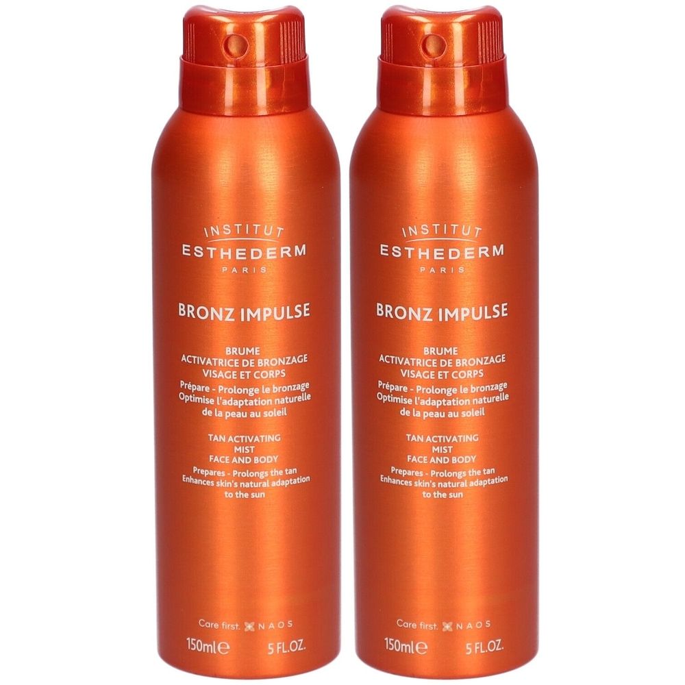 Deux flacons spray orange. Inscription: Institut Esthederm, Bronz Impulse, Brume Activatrice de Bronzage Visage et Corps. 150ml.