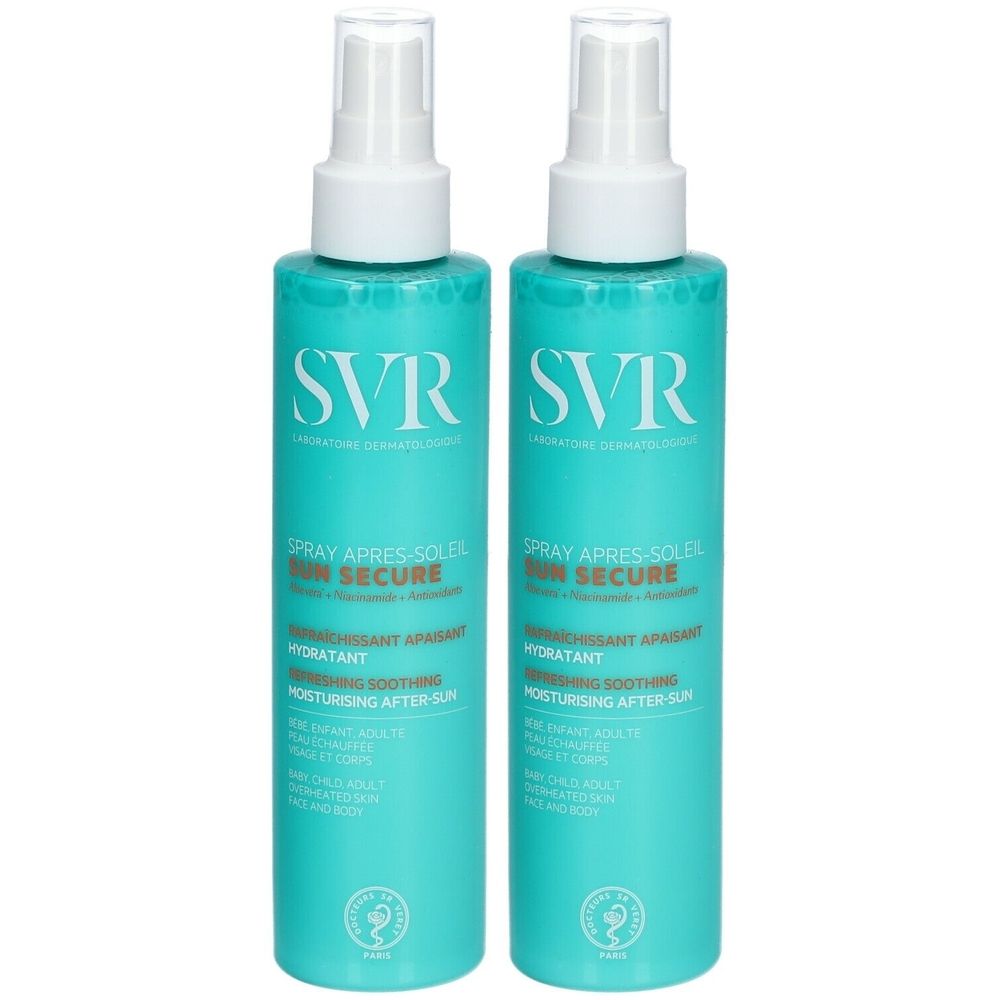 Deux flacons de SVR Sun Secure Après-Soleil. Bouteilles turquoise avec vaporisateur blanc. Texte: Après-Soleil, apaisant, hydratant.