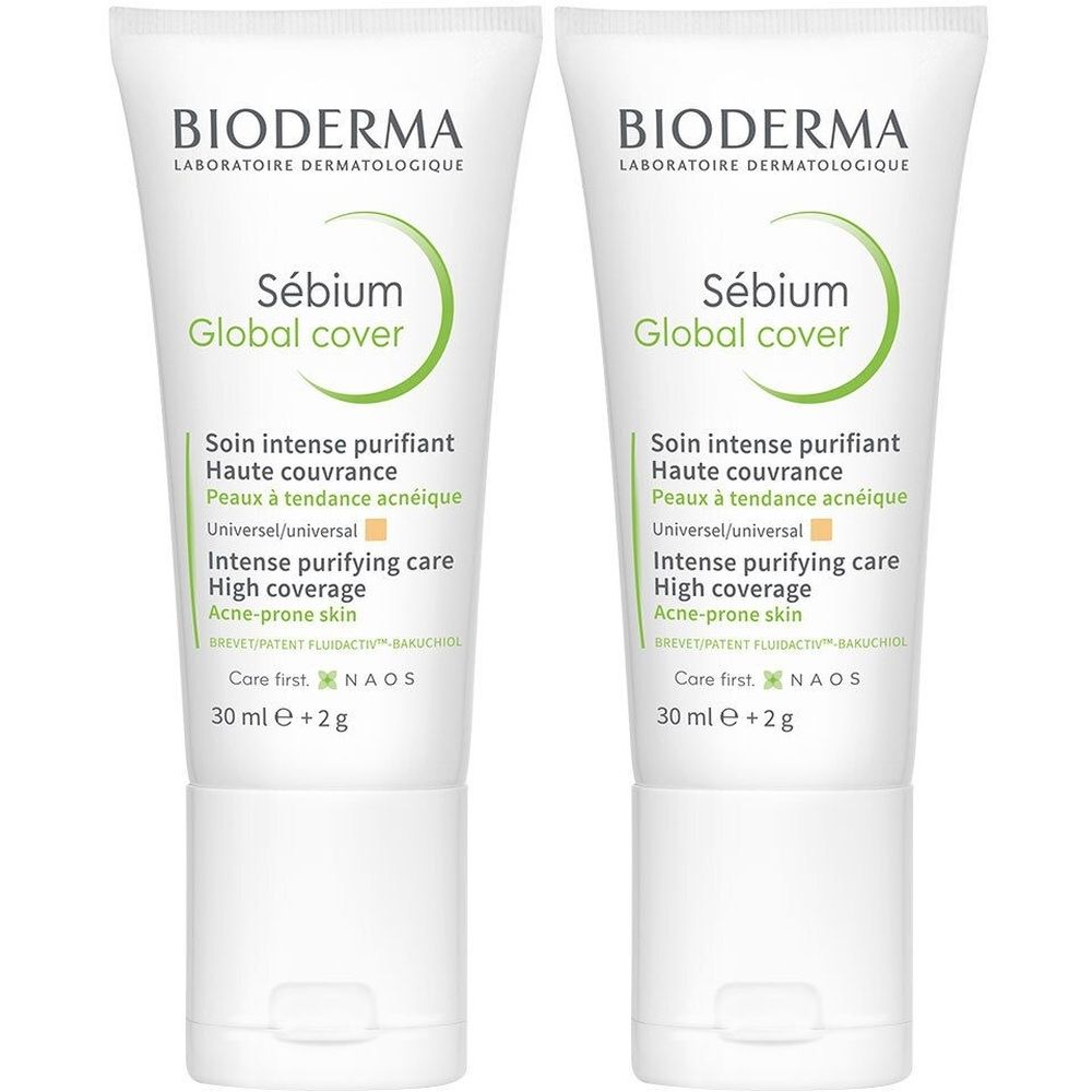 Deux tubes de BIODERMA Sébium Global Cover. Tubes blancs avec texte et logo vert. Texte : Soin intense purifiant, Haute couvrance, Peaux à tendance acnéique.