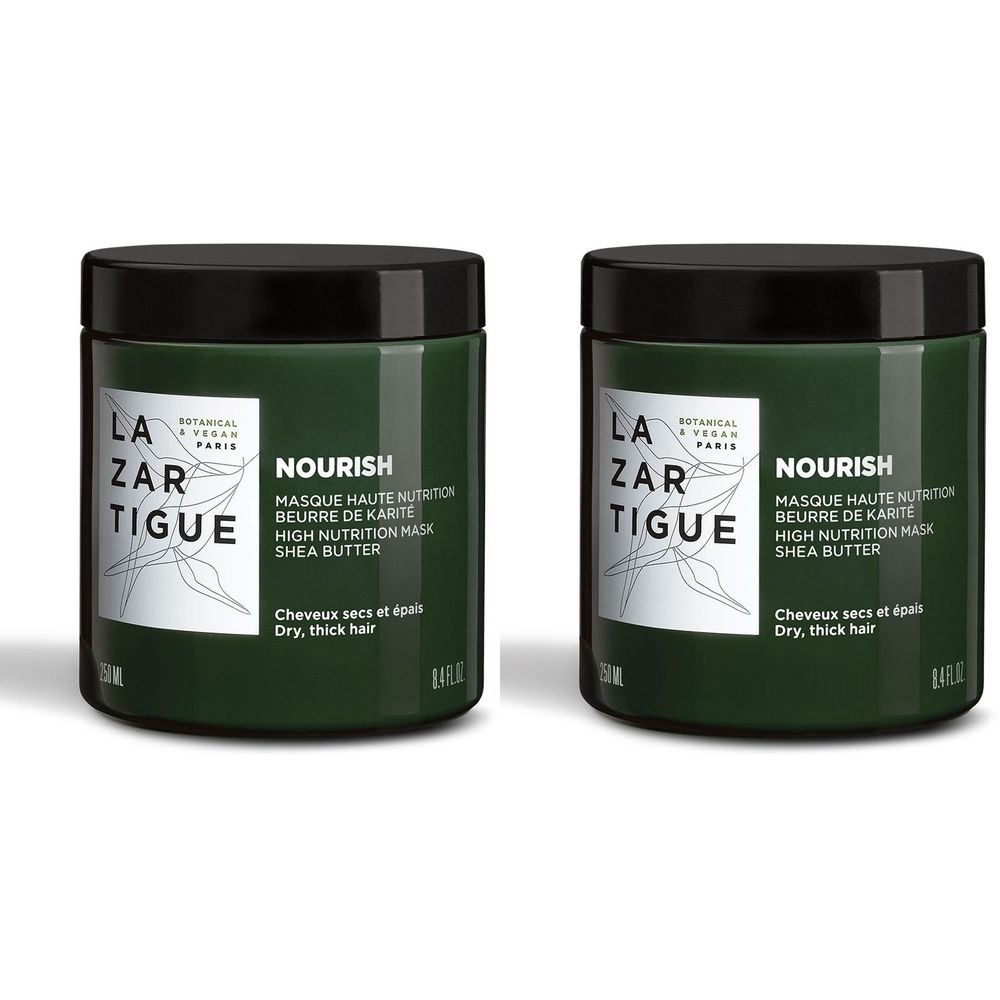 Deux pots verts avec couvercles noirs. Sur le devant, "LAZARTIGUE NOURISH" et informations produit. Pour cheveux secs et épais.