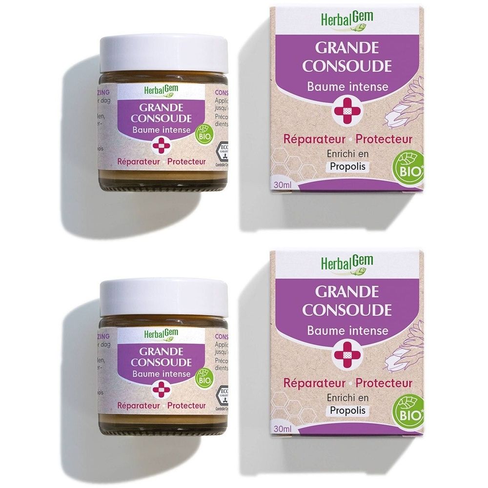 Deux pots et deux boîtes. Sur les pots et les boîtes, on lit "GRANDE CONSOUDE Baume intense".