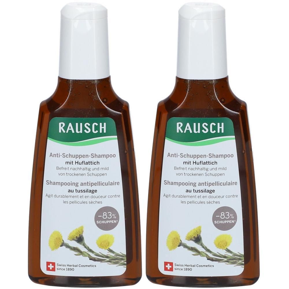 Deux flacons de shampooing antipelliculaire au tussilage. Flacons bruns avec bouchons blancs. Inscription : RAUSCH, shampooing antipelliculaire.