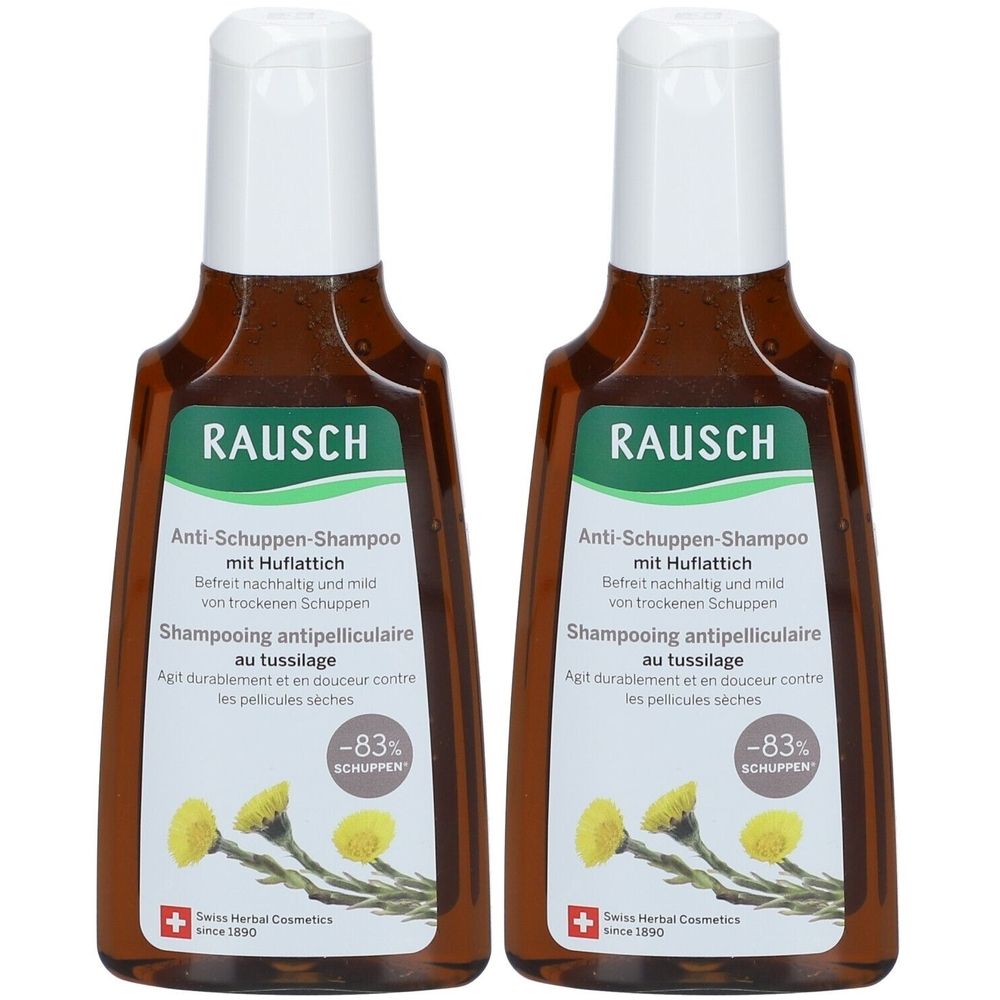 Deux flacons de shampooing antipelliculaire RAUSCH. Flacons bruns avec bouchon blanc et étiquette verte. Cosmétiques aux herbes suisses.