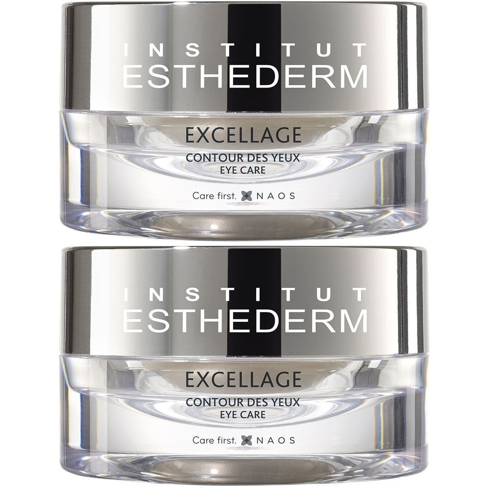Deux pots de crème INSTITUT ESTHEDERM Excellage Eye Care. Couvercle argenté, base transparente. Inscription: Excellage, Contour des yeux, Eye Care.