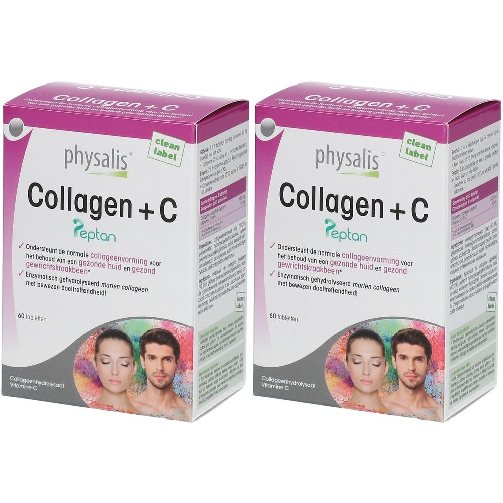 Deux boîtes de Physalis Collagen + C. Inscription : Collagen + C, Pepton. Visages imprimés sur l'emballage. Marqué "clean label".