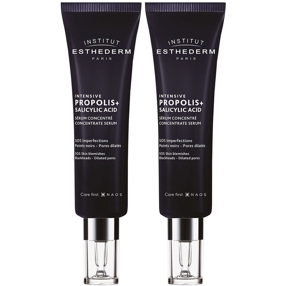 Deux tubes noirs de sérum. Inscription: INSTITUT ESTHEDERM, INTENSIVE PROPOLIS+ SALICYLIC ACID. Avec applicateur.