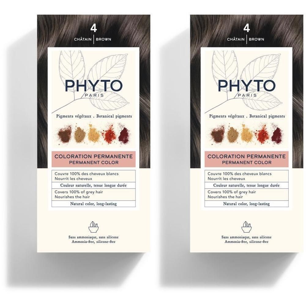 Deux boîtes de coloration permanente PHYTO COLOR 4 Châtaigne. Couvre 100% des cheveux blancs.
