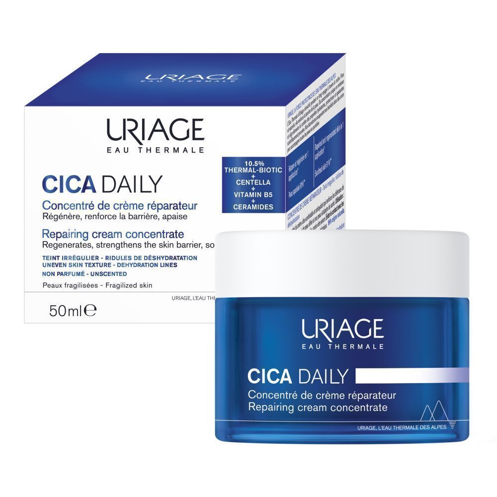 Emballage et pot Uriage Cica Daily. Texte: Concentré de crème réparateur, Repairing cream concentrate.