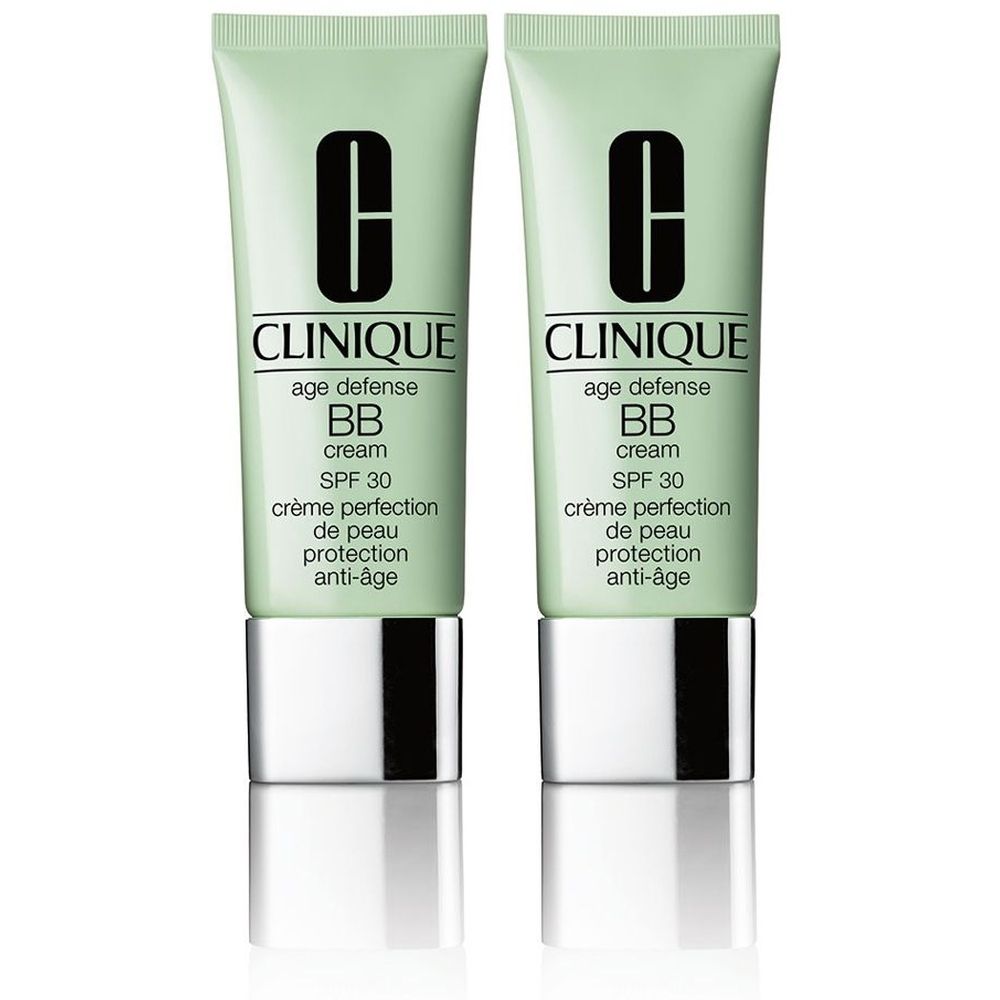 Deux tubes verts avec bouchons argentés. Chaque tube porte l'inscription "CLINIQUE Age Defense BB cream SPF 30".
