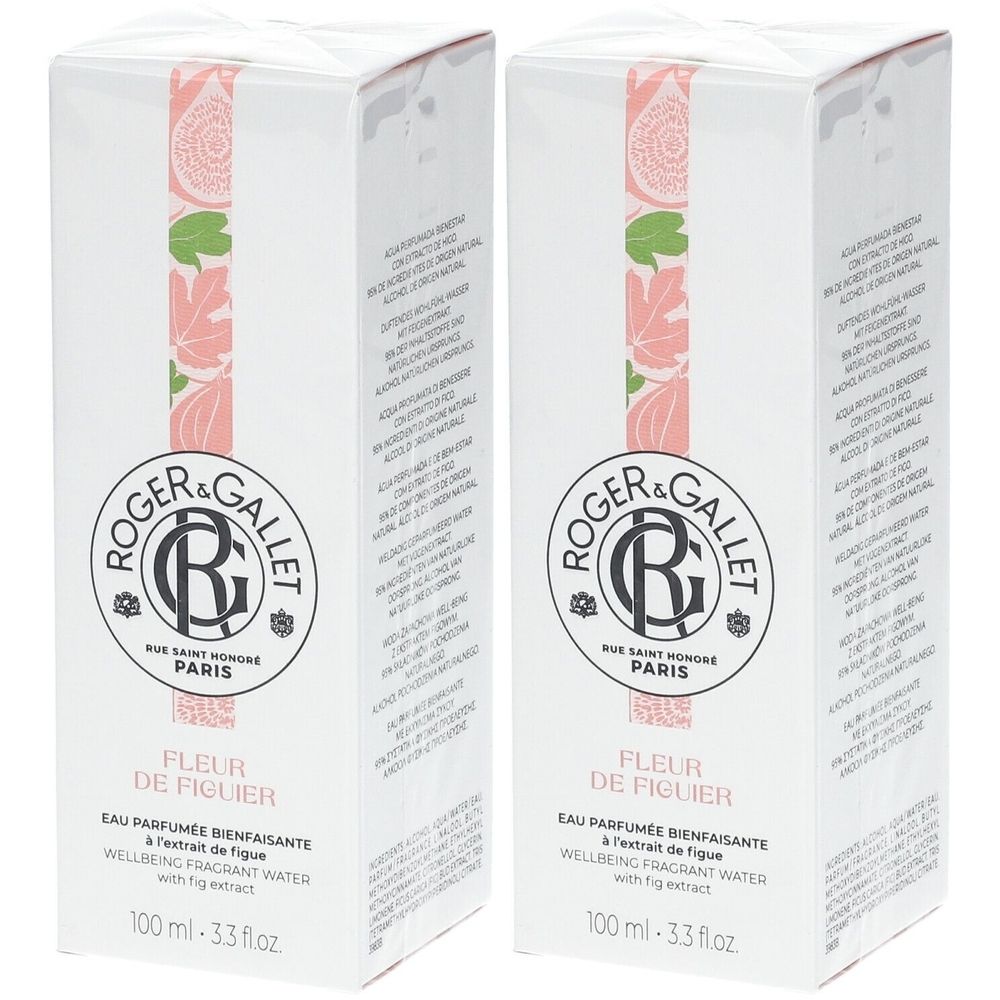 Deux boîtes blanches. Logo Roger & Gallet, nom du produit FLEUR DE FIGUIER. Inscription en anglais et français. 100 ml.
