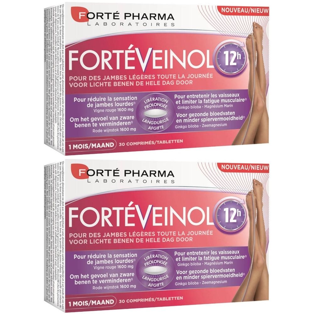 Boîte de Forté Pharma FortéVeinol 12H. Contient des comprimés. Inscription: FortéVeinol 12h, Pour des jambes légères, 30 comprimés.