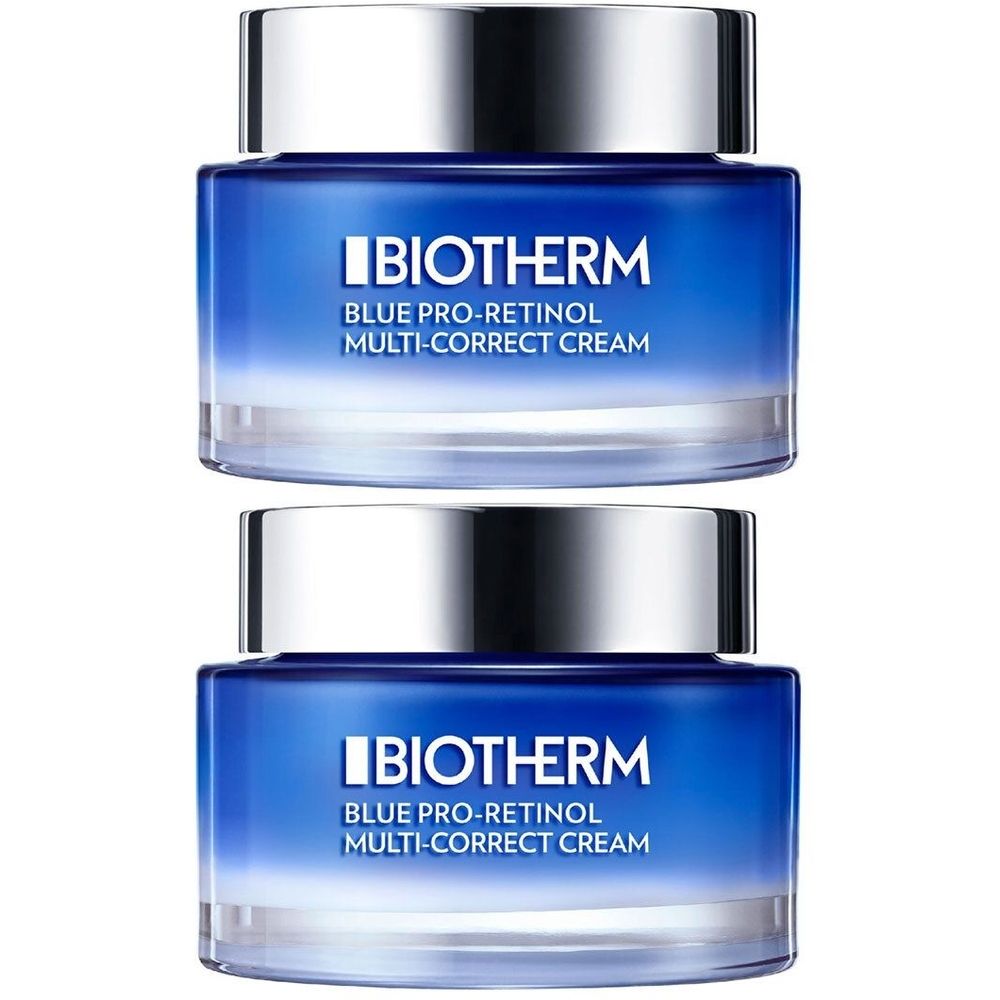Deux pots bleus avec couvercles argentés. Inscription: BIOTHERM, BLUE PRO-RETINOL MULTI-CORRECT CREAM.