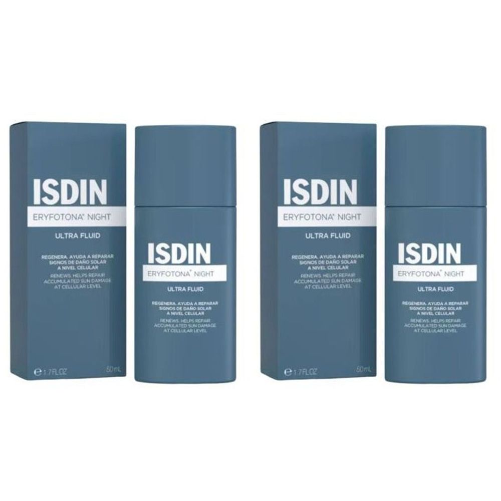 Quatre flacons d'ISDIN Eryfotona Night Ultra Fluid. Flacons et boîtes bleus avec texte blanc. Nom du produit et marque visibles.