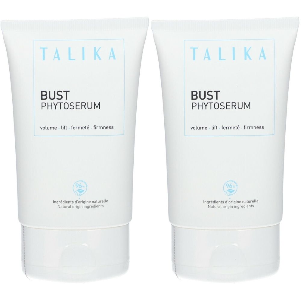 Deux tubes blancs côte à côte. Sur chacun, le texte "TALIKA BUST PHYTOSERUM". En dessous: "volume lift fermeté firmness". Ingrédients d'origine naturelle.